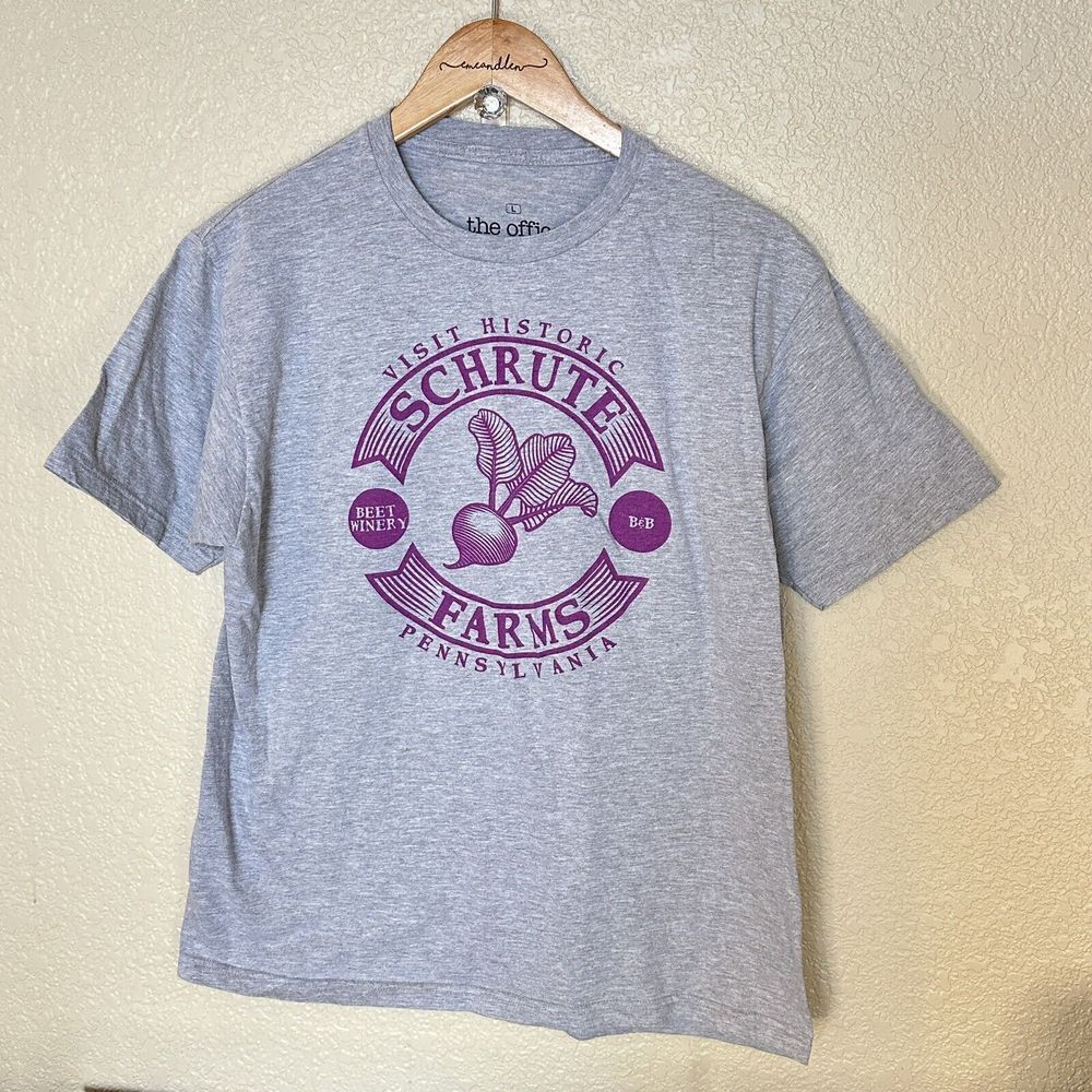 The Office T-shirt Schrute Farms Large Grey Purple‎ Unisex Ripple Junction